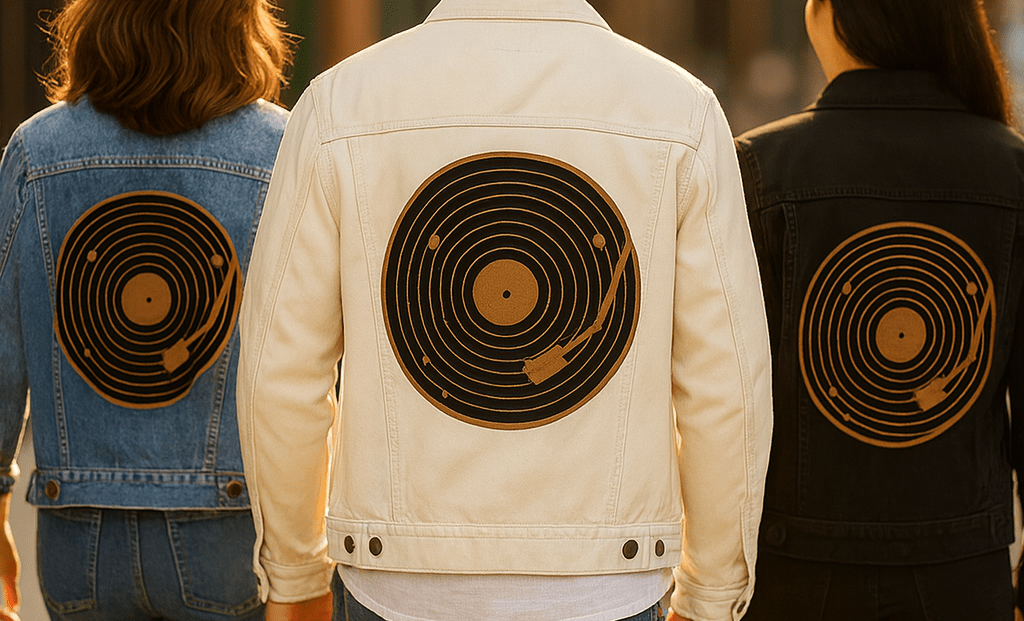 VINYL SYSTEM by GRANT SHEPLEY, digitally printed on DENIM products: throw pillows, aprons, table place mats, and hand-crafted Unisex Denim Jackets in 3 color choices