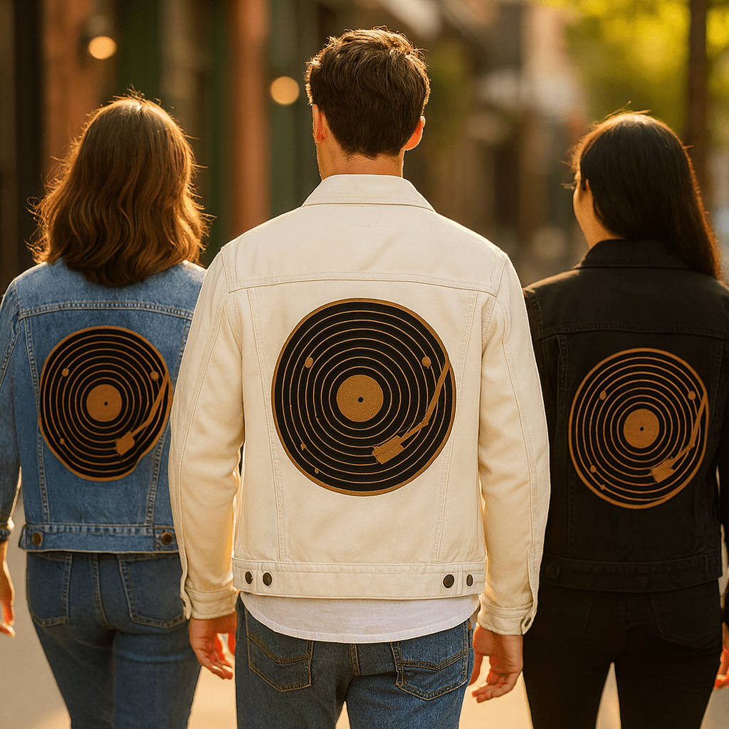VINYL SYSTEM by GRANT SHEPLEY, digitally printed on DENIM products: throw pillows, aprons, table place mats, and hand-crafted Unisex Denim Jackets in 3 color choices