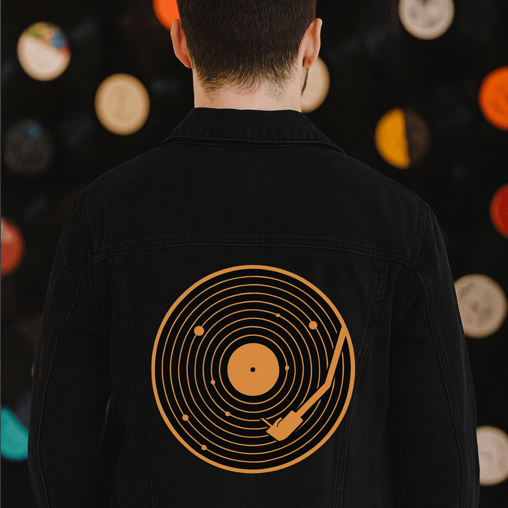 VINYL SYSTEM by GRANT SHEPLEY, digitally printed on DENIM products: throw pillows, aprons, table place mats, and hand-crafted Unisex Denim Jackets in 3 color choices