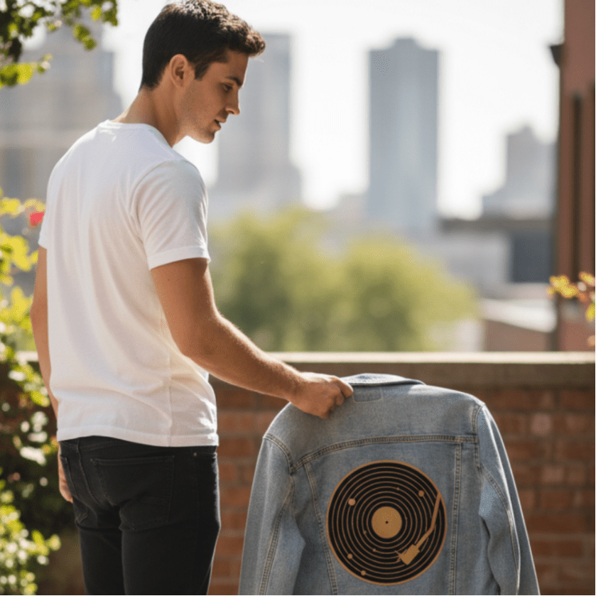 VINYL SYSTEM by GRANT SHEPLEY, digitally printed on DENIM products: throw pillows, aprons, table place mats, and hand-crafted Unisex Denim Jackets in 3 color choices