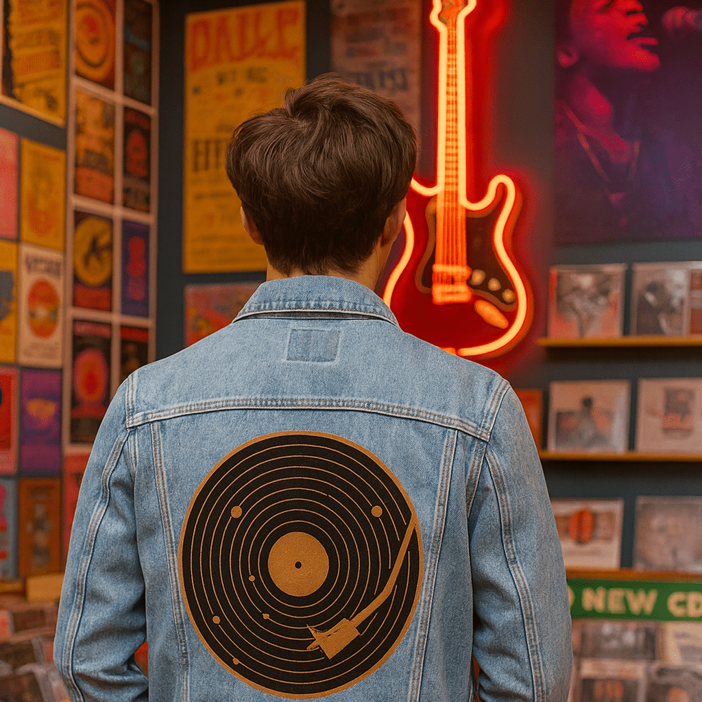 VINYL SYSTEM by GRANT SHEPLEY, digitally printed on DENIM products: throw pillows, aprons, table place mats, and hand-crafted Unisex Denim Jackets in 3 color choices