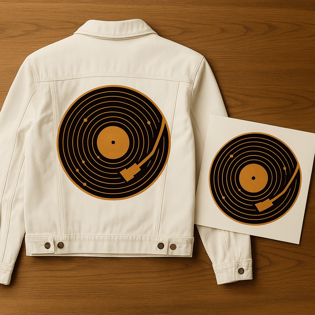 VINYL SYSTEM by GRANT SHEPLEY, digitally printed on DENIM products: throw pillows, aprons, table place mats, and hand-crafted Unisex Denim Jackets in 3 color choices