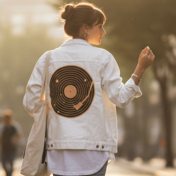 VINYL SYSTEM by GRANT SHEPLEY, digitally printed on DENIM products: throw pillows, aprons, table place mats, and hand-crafted Unisex Denim Jackets in 3 color choices