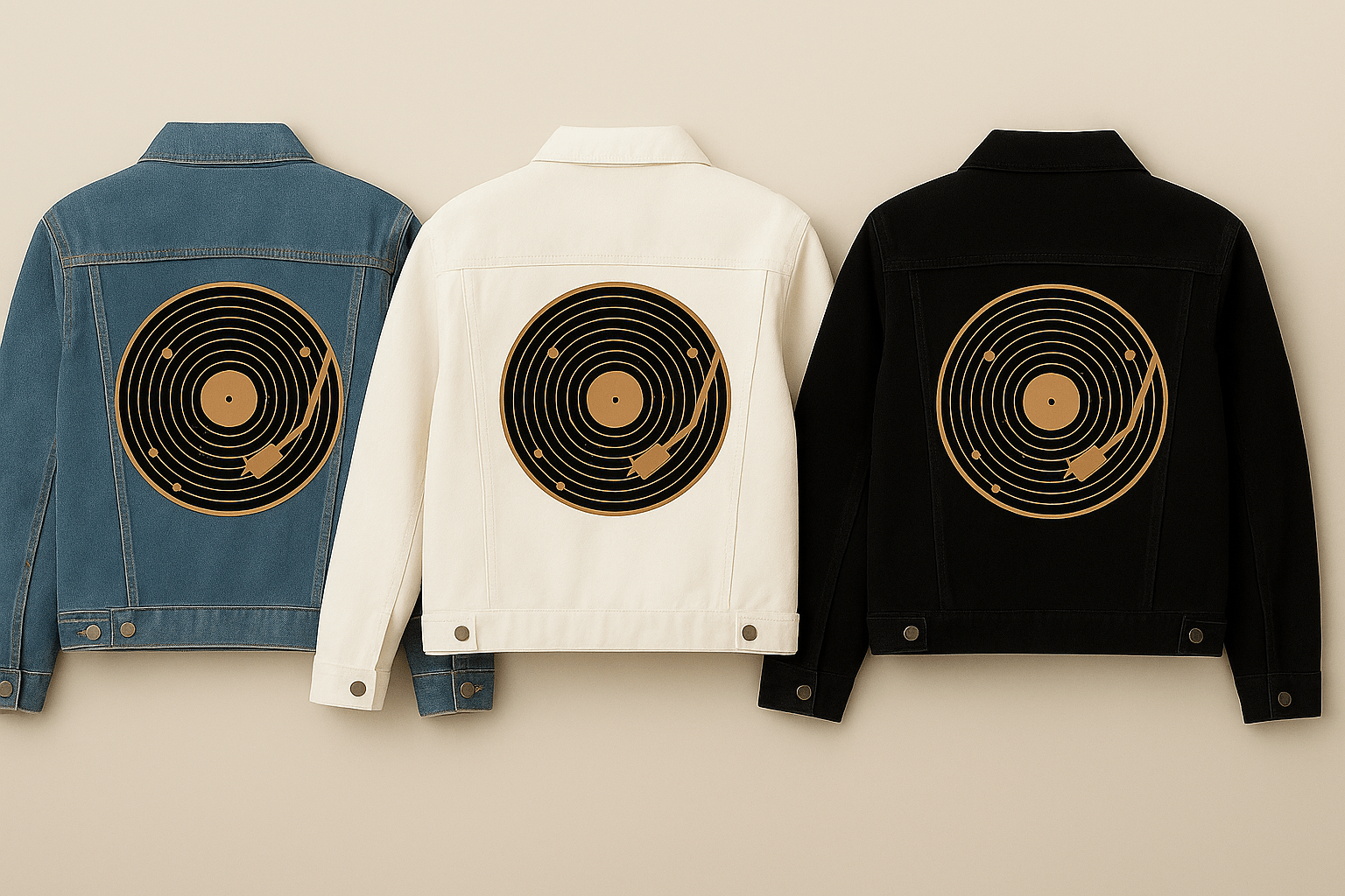 VINYL SYSTEM by GRANT SHEPLEY, digitally printed on DENIM products: throw pillows, aprons, table place mats, and hand-crafted Unisex Denim Jackets in 3 color choices