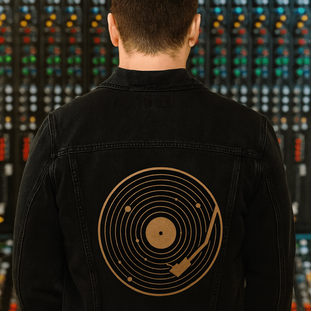 VINYL SYSTEM by GRANT SHEPLEY, digitally printed on DENIM products: throw pillows, aprons, table place mats, and hand-crafted Unisex Denim Jackets in 3 color choices