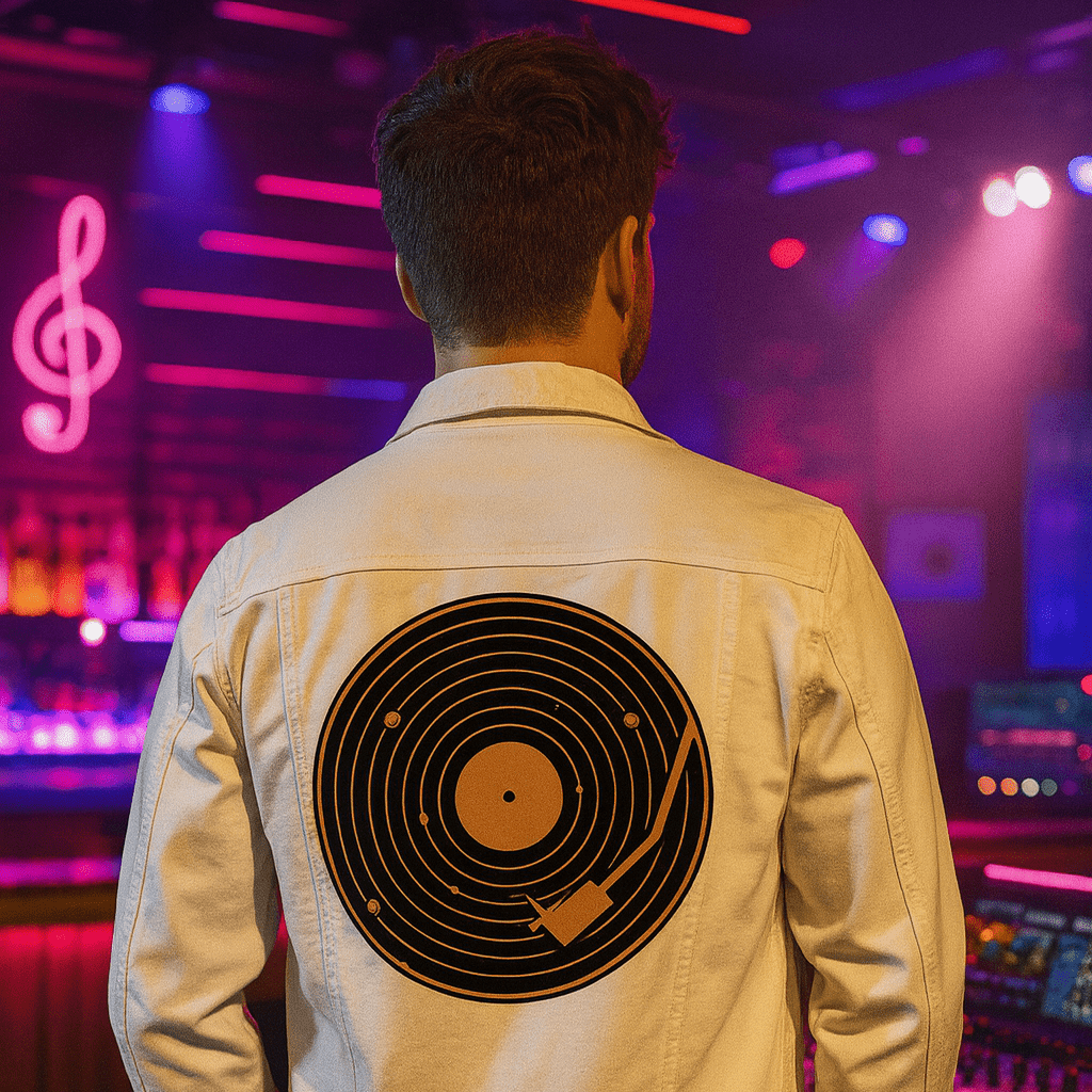 VINYL SYSTEM by GRANT SHEPLEY, digitally printed on DENIM products: throw pillows, aprons, table place mats, and hand-crafted Unisex Denim Jackets in 3 color choices