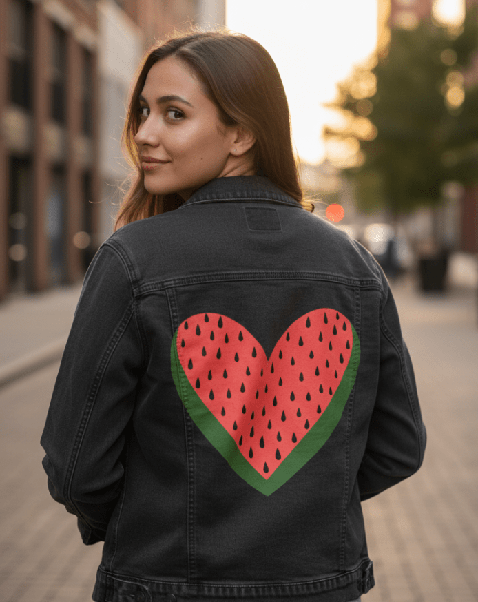 WATERMELON HEART by HEND SHEHATA, printed on denim jackets and other denim products: tote bags, throw pillows, table place mats, aprons