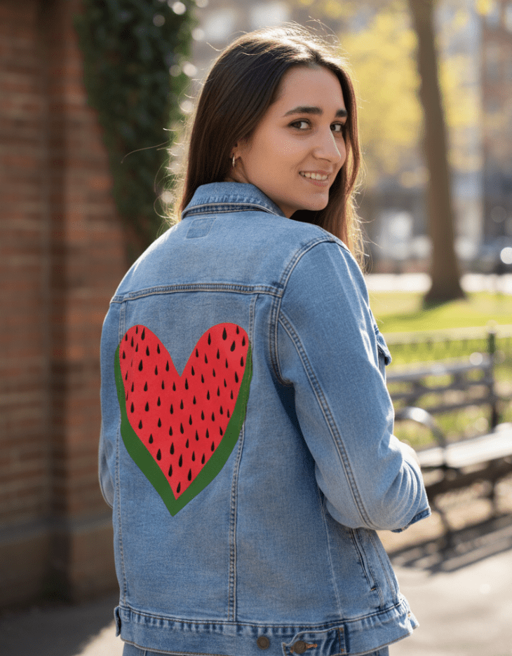WATERMELON HEART by HEND SHEHATA, printed on denim jackets and other denim products: tote bags, throw pillows, table place mats, aprons