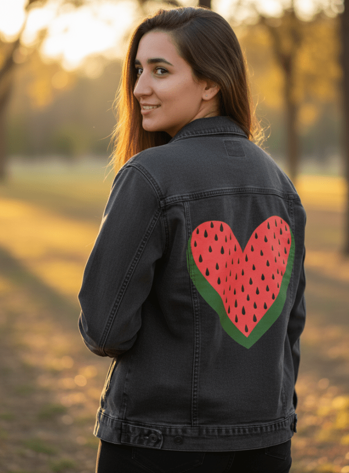 WATERMELON HEART by HEND SHEHATA, printed on denim jackets and other denim products: tote bags, throw pillows, table place mats, aprons
