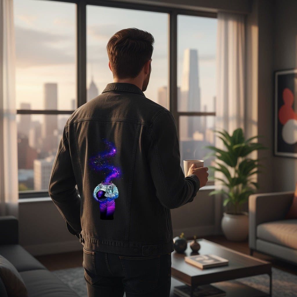 WE ARE STARDUST by TOBE FONSECA, digitally printed on DENIM products: throw pillows, aprons, table place mats, and hand-crafted Unisex Denim Jackets in 3 color choices