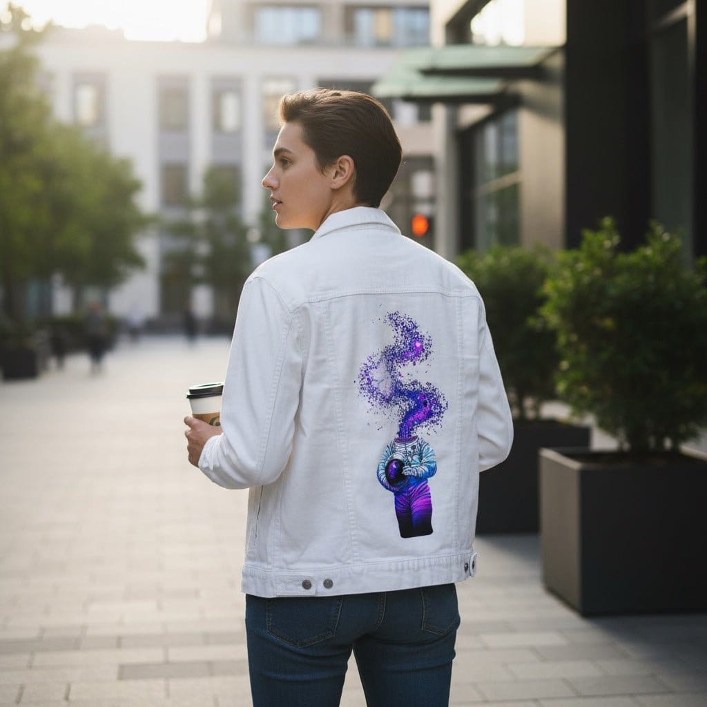 WE ARE STARDUST by TOBE FONSECA, digitally printed on DENIM products: throw pillows, aprons, table place mats, and hand-crafted Unisex Denim Jackets in 3 color choices