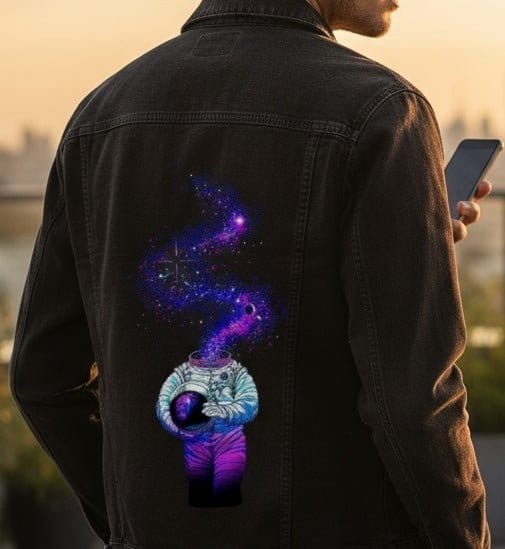 WE ARE STARDUST by TOBE FONSECA, digitally printed on DENIM products: throw pillows, aprons, table place mats, and hand-crafted Unisex Denim Jackets in 3 color choices
