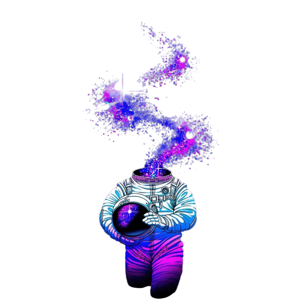 illustration of An astronaut in a white spacesuit kneeling against a black background, holding a round helmet filled with glowing purple and blue galaxy light. the astronaut’s helmet is open, &amp; a stream of star-filled nebula in pink, violet, and deep blue rises upward from the neck opening, forming swirling cosmic shapes with small stars and planets embedded. The suit shows detailed seams, folds, &amp; tubing, with the lower half shaded in magenta &amp; blue gradients. Titled “We Are Stardust” by Tobe Fonseca.