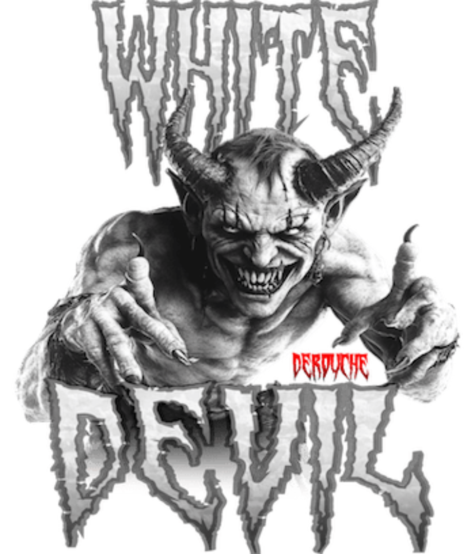 Illustration of a menacing horned demon creature lunging forward with outstretched clawed hands in an aggressive pose. The demon features prominent curved horns, sharp fangs in a snarling expression, muscular anatomy, and textured skin rendered in dramatic black and white contrast. Above the creature, the word "WHITE" appears in a distressed, horror-style metal band font with rough, jagged letterforms. Below, the word "DEVIL" is rendered in a similar aggressive typographic style with sharp, angular letters.