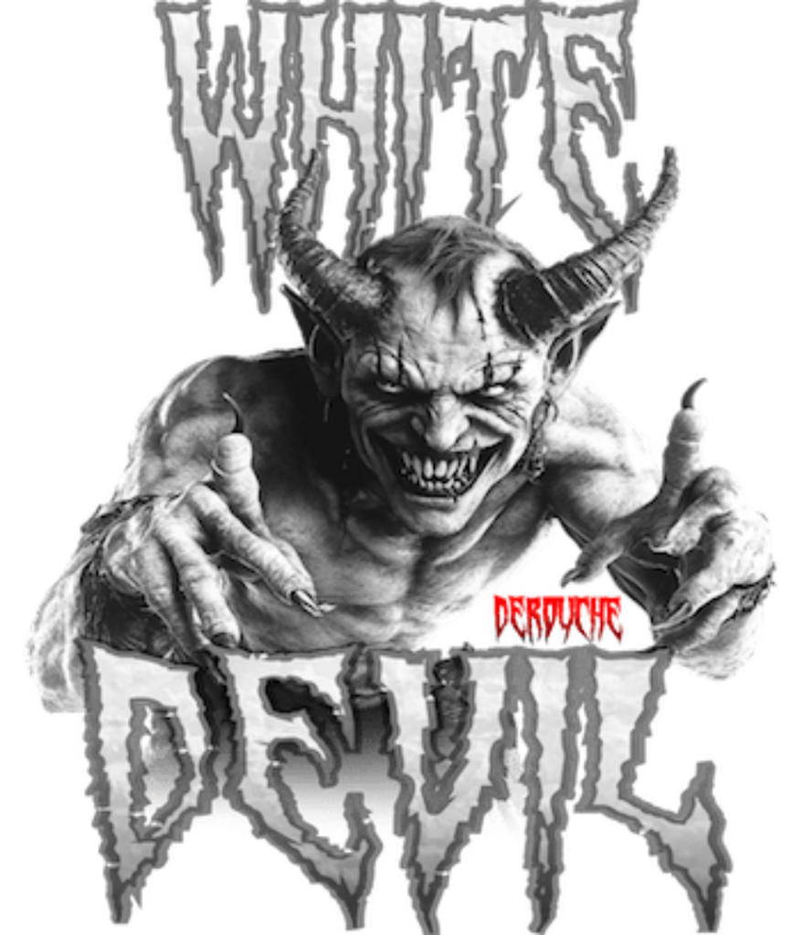 Illustration of a menacing horned demon creature lunging forward with outstretched clawed hands in an aggressive pose. The demon features prominent curved horns, sharp fangs in a snarling expression, muscular anatomy, and textured skin rendered in dramatic black and white contrast. Above the creature, the word "WHITE" appears in a distressed, horror-style metal band font with rough, jagged letterforms. Below, the word "DEVIL" is rendered in a similar aggressive typographic style with sharp, angular letters.