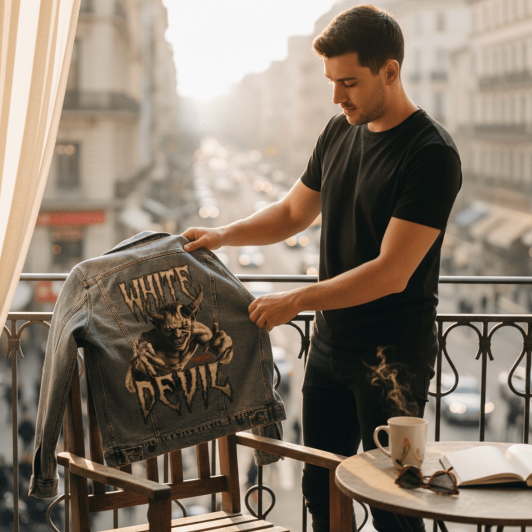 Person standing on a balcony overlooking a bustling European city street, holding a stonewashed denim jacket by the shoulders and displaying the back panel featuring WHITE DEVIL by DeROUCHE DESIGNS, printed by DenimINK - a menacing horned demon creature lunging forward with outstretched clawed hands.
The soft glow of morning sun streams through a sheer curtain, casting warm light across the balcony railing and wooden chair. 