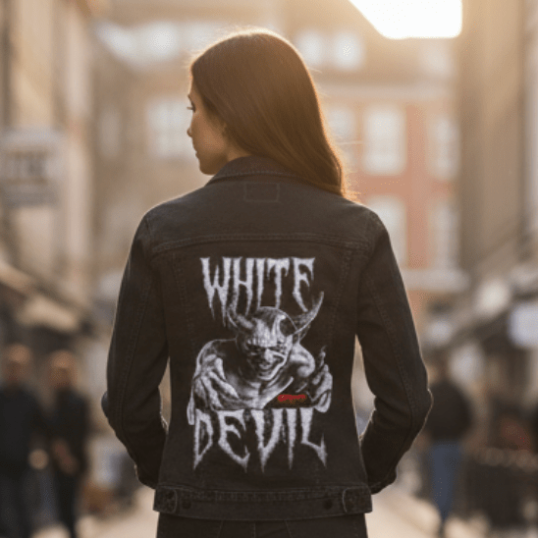Back view of a person wearing a black denim jacket while walking down a softly lit city street in the golden hour, featuring WHITE DEVIL by DeRouche Designs, and printed by DenimINK.
The artwork features demon prominent curved horns, sharp fangs in a snarling expression, muscular anatomy, and 
The sidewalk and buildings blur gently into the distance, while sunlight filters through the urban landscape, creating long shadows and warm tones.