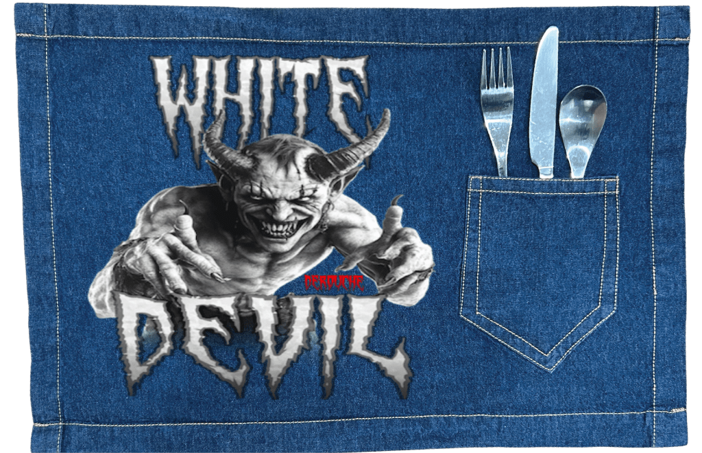 WHITE DEVIL by DeROUCHE DESIGNS custom denim jacket by DenimINK