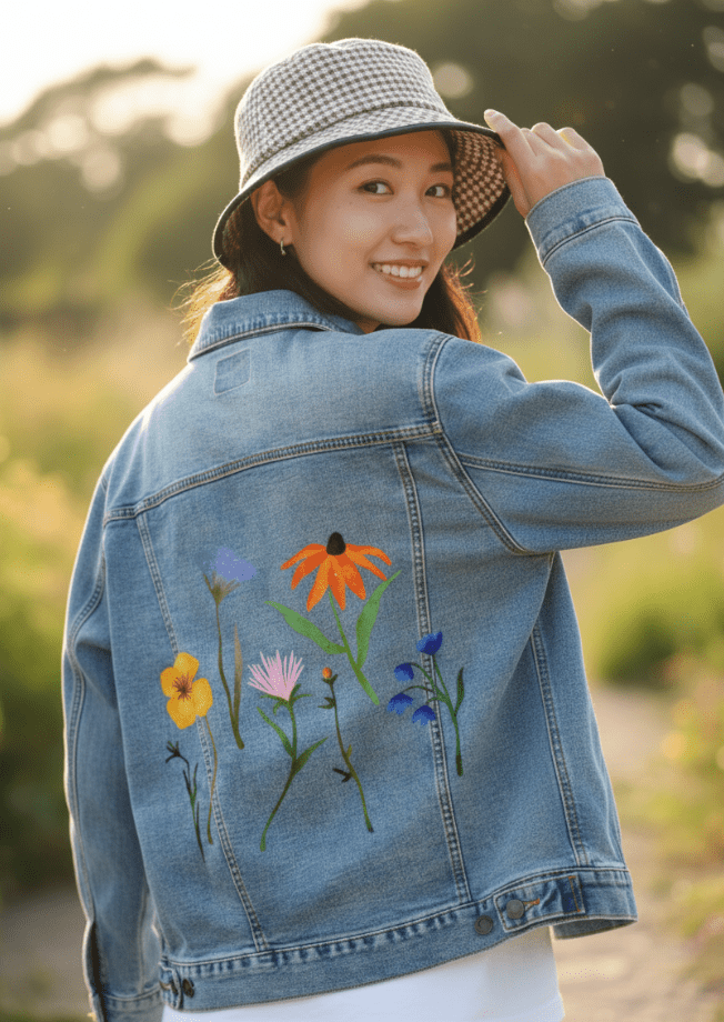 WILDFLOWERS by thearticsoul,printed by DenimINK on hand-crafted Denim Jackets and other denim products and other denim products: tote bags, throw pillows, table place mats, aprons