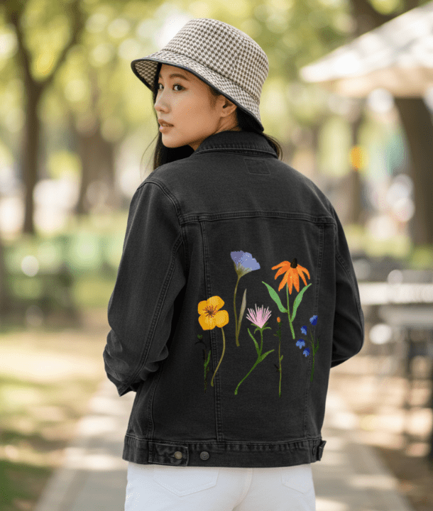 WILDFLOWERS by thearticsoul,printed by DenimINK on hand-crafted Denim Jackets and other denim products and other denim products: tote bags, throw pillows, table place mats, aprons