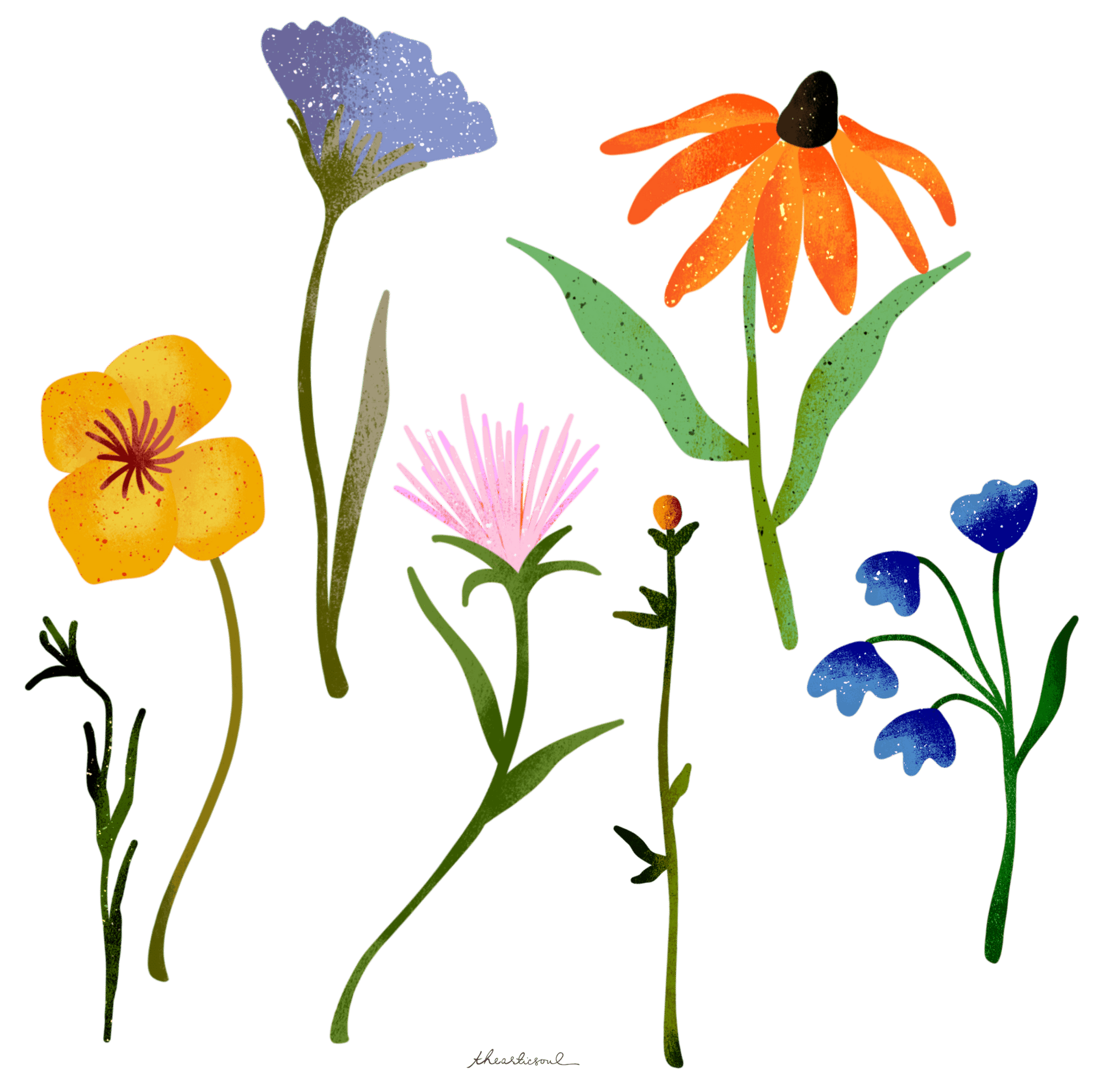 WILDFLOWERS by thearticsoul,printed by DenimINK on hand-crafted Denim Jackets and other denim products and other denim products: tote bags, throw pillows, table place mats, aprons