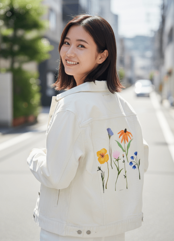 WILDFLOWERS by thearticsoul,printed by DenimINK on hand-crafted Denim Jackets and other denim products and other denim products: tote bags, throw pillows, table place mats, aprons