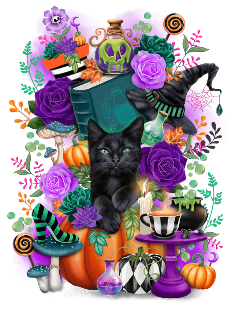 illustration of a black cat with bright green eyes sitting upright atop an orange pumpkin, paws crossed forward. the cat is surrounded by a dense witchy still life including purple roses, green leaves, mushrooms, pumpkins, striped candles, potion bottles with glowing liquid, a black cauldron, a teacup, a spell book, a skull-topped potion jar, candy swirls, spiderweb details, & a black witch hat with green stripes. the background is a vivid purple with splattered texture. “Witches Companion" by Sheena Pike.