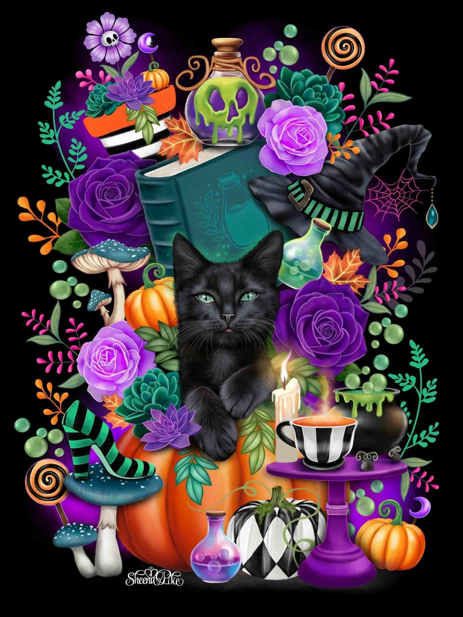 WITCHES COMPANION by SHEENA PIKE, printed on denim jackets and other denim products: tote bags, throw pillows, table place mats, aprons