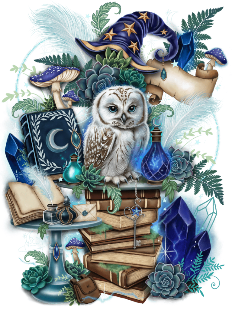 illustration of a small white owl with soft brown markings & large blue-gray eyes perched atop a stack of old books. the owl is surrounded by a wizard-themed still life including a navy hat with gold stars, feathers, glowing potion bottles, mushrooms, crystals, scrolls, keys, succulents, and leafy plants. a crescent moon symbol appears on a dark blue book, with sparkles and star shapes scattered throughout a teal and blue magical background. artwork is titled “Wizard’s Companion” and created by Sheena Pike.