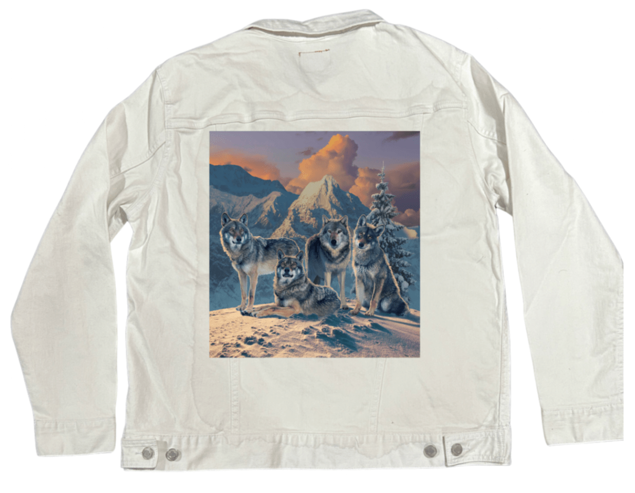 WOLF PACK by VINCENT HIE, printed on denim jackets and other denim products: tote bags, throw pillows, table place mats, aprons