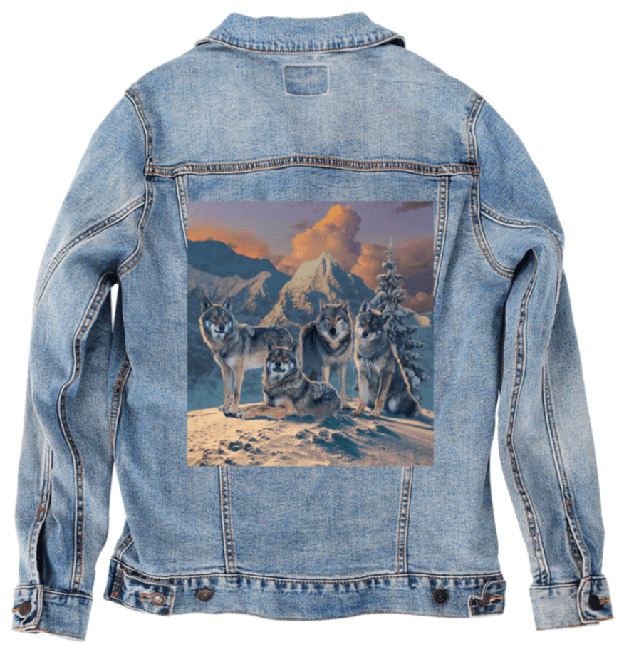 WOLF PACK by VINCENT HIE, printed on denim jackets and other denim products: tote bags, throw pillows, table place mats, aprons