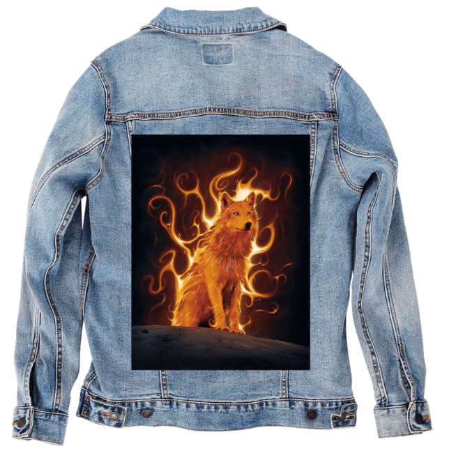 WOLF PACK PHOENIX by VINCENT HIE, printed on denim jackets and other denim products: tote bags, throw pillows, table place mats, aprons