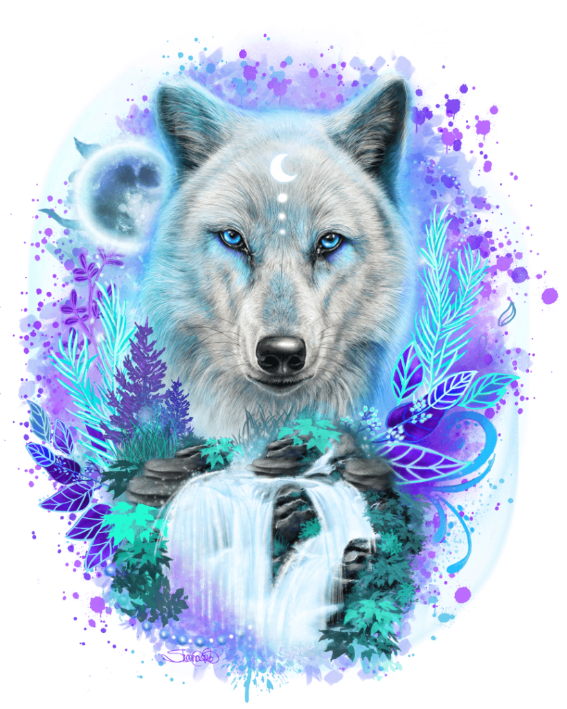 illustration of a white wolf with soft silver fur and piercing blue eyes, centered beneath a crescent moon and three glowing dots aligned on its forehead. the wolf emerges from a glowing waterfall cascading over stacked stones, surrounded by stylized pine branches, leaves, and botanical shapes in luminous aqua, teal, and violet tones. a full moon glows in the background with paint splashes and misty light effects. this artwork is titled “Wolf Spirit” and created by Sheena Pike
