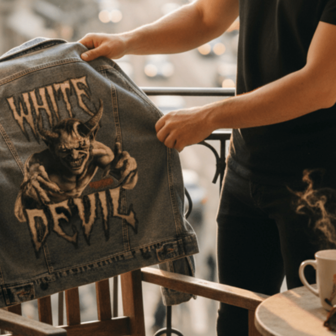 Close-up view of a person holding a stonewashed denim jacket by the shoulders on a wrought iron balcony overlooking a bustling city street. Jacket featuring WHITE DEVIL by DeROUCHE Designs.
The early morning light glows warmly across the scene, with soft bokeh capturing traffic and architectural detail in the background. The jacket rests against a wooden chair, and a round table nearby holds a steaming mug, an open notebook, and sunglasses