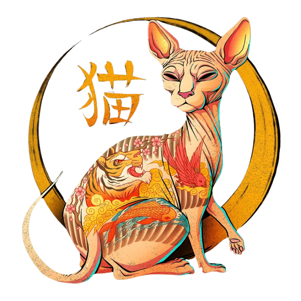 YAKUZA CAT by TOBE FONSECA, digitally printed on DENIM products: throw pillows, aprons, table place mats, and hand-crafted Unisex Denim Jackets in 3 color choices