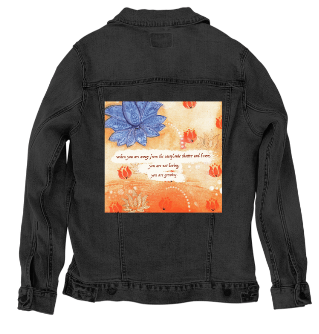 YOU ARE NOT BORING by CANVAS and QUOTATIONS, printed on denim jackets and other denim products: tote bags, throw pillows, table place mats, aprons custom denim jacket by DenimINK