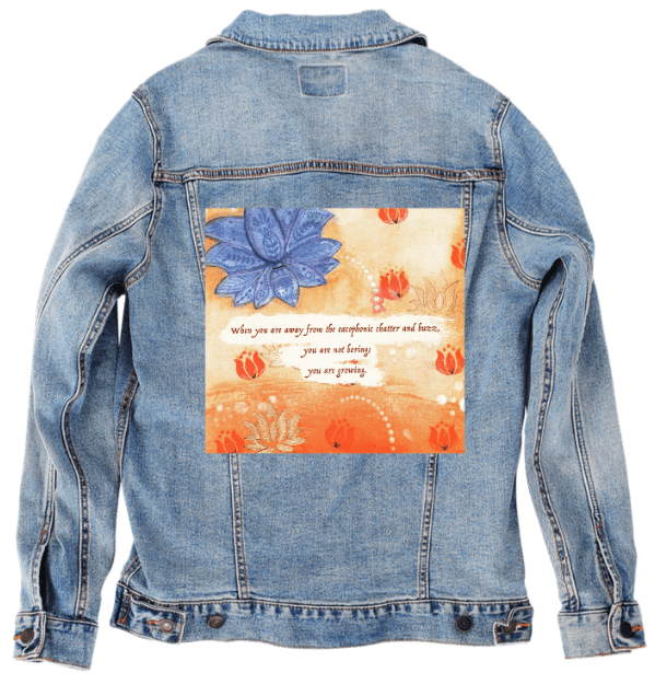 YOU ARE NOT BORING by CANVAS and QUOTATIONS, printed on denim jackets and other denim products: tote bags, throw pillows, table place mats, aprons custom denim jacket by DenimINK