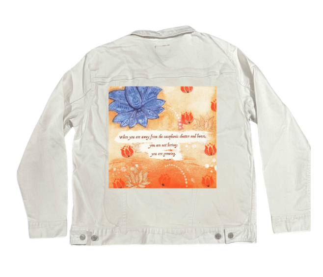 YOU ARE NOT BORING by CANVAS and QUOTATIONS, printed on denim jackets and other denim products: tote bags, throw pillows, table place mats, aprons custom denim jacket by DenimINK