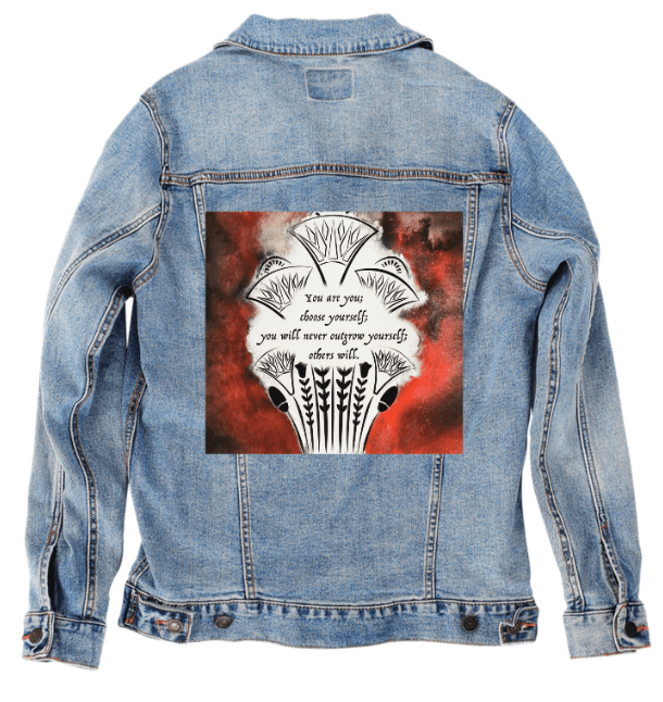 YOU ARE YOU by CANVAS and QUOTATIONS, printed on denim jackets and other denim products: tote bags, throw pillows, table place mats, aprons custom denim jacket by DenimINK