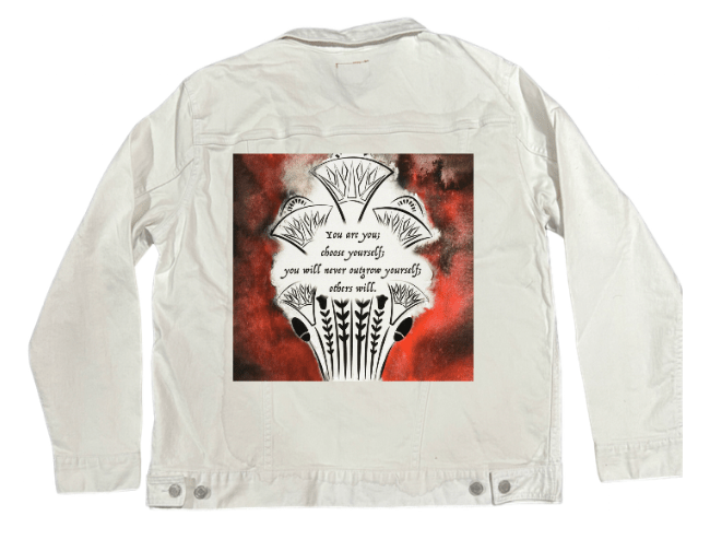 YOU ARE YOU by CANVAS and QUOTATIONS, printed on denim jackets and other denim products: tote bags, throw pillows, table place mats, aprons custom denim jacket by DenimINK