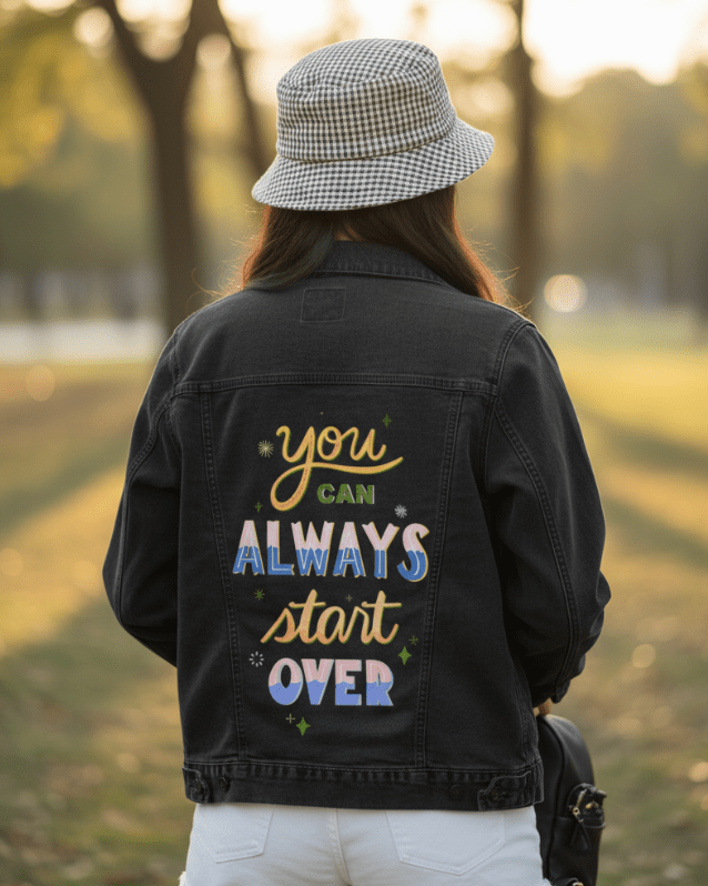 YOU CAN ALWAYS START OVER by thearticsoul,printed by DenimINK on hand-crafted Denim Jackets and other denim products and other denim products: tote bags, throw pillows, table place mats, aprons
