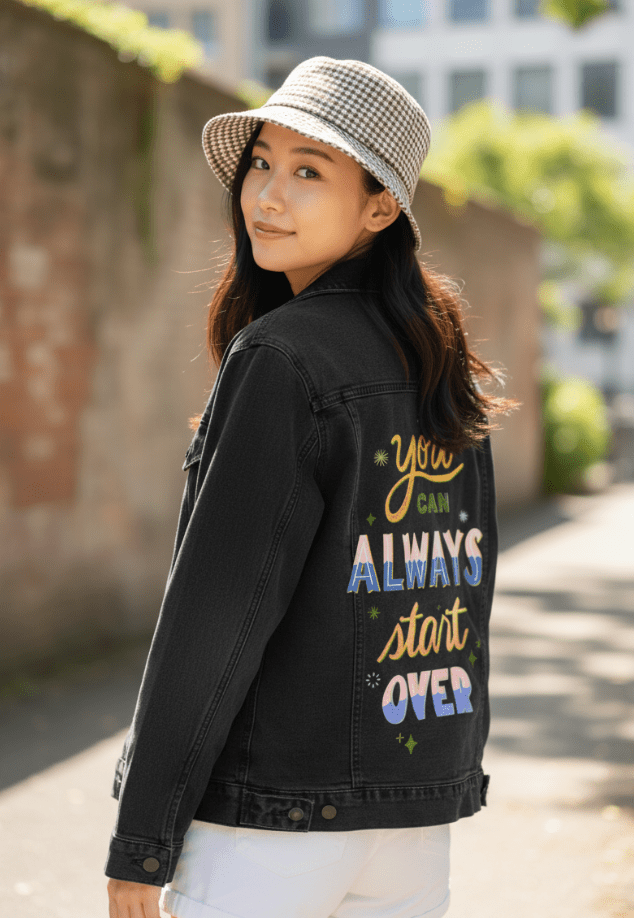 YOU CAN ALWAYS START OVER by thearticsoul,printed by DenimINK on hand-crafted Denim Jackets and other denim products and other denim products: tote bags, throw pillows, table place mats, aprons