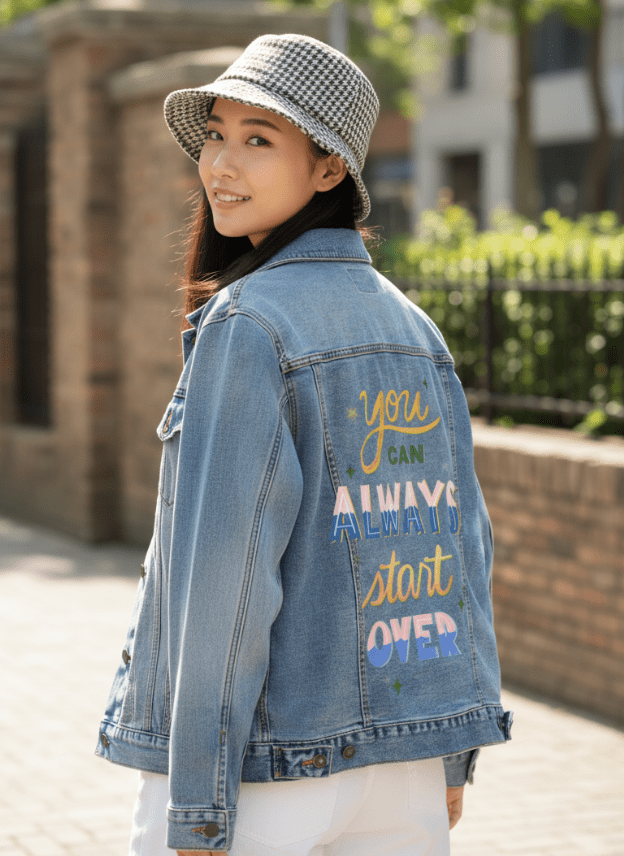 YOU CAN ALWAYS START OVER by thearticsoul,printed by DenimINK on hand-crafted Denim Jackets and other denim products and other denim products: tote bags, throw pillows, table place mats, aprons