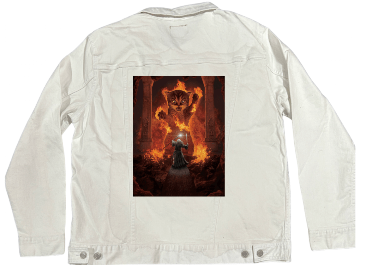 YOU SHALL NOT PASS! by VINCENT HIE, printed on denim jackets and other denim products: tote bags, throw pillows, table place mats, aprons