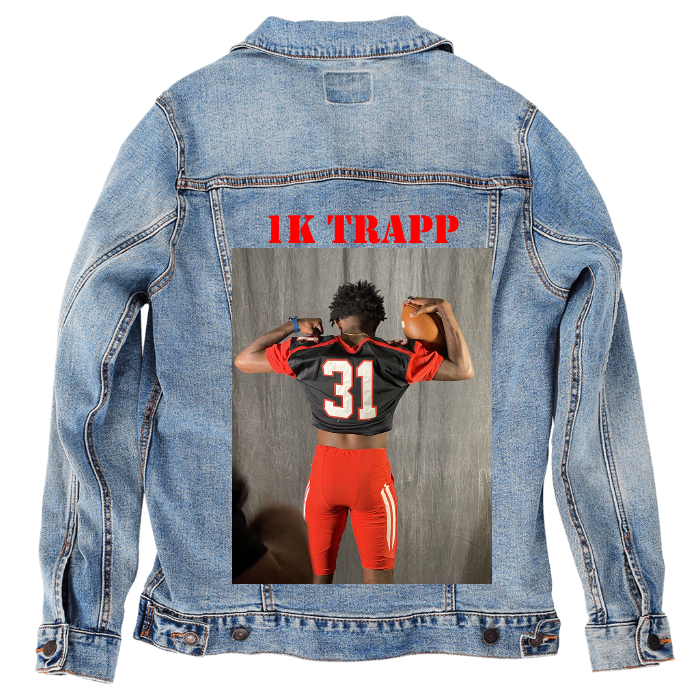 Customer Designed Custom Denim Jacket (hand-crafted) with 3 color choices of jacket: Stonewash, White, or Black. Unisex XS S M L XL 2X 3X. USA hand-crafted and USA digitally printed. Ships free within the USA & also ships Internationally.