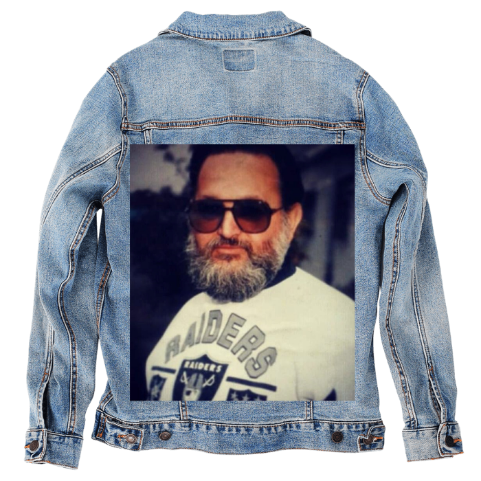 Customer Designed Custom Denim Jacket (hand-crafted) with 3 color choices of jacket: Stonewash, White, or Black. Unisex XS S M L XL 2X 3X. USA hand-crafted and USA digitally printed. Ships free within the USA & also ships Internationally.