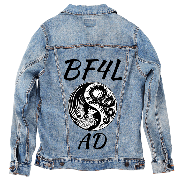 Customer Designed Custom Denim Jacket (hand-crafted) with 3 color choices of jacket: Stonewash, White, or Black. Unisex XS S M L XL 2X 3X. USA hand-crafted and USA digitally printed. Ships free within the USA & also ships Internationally.