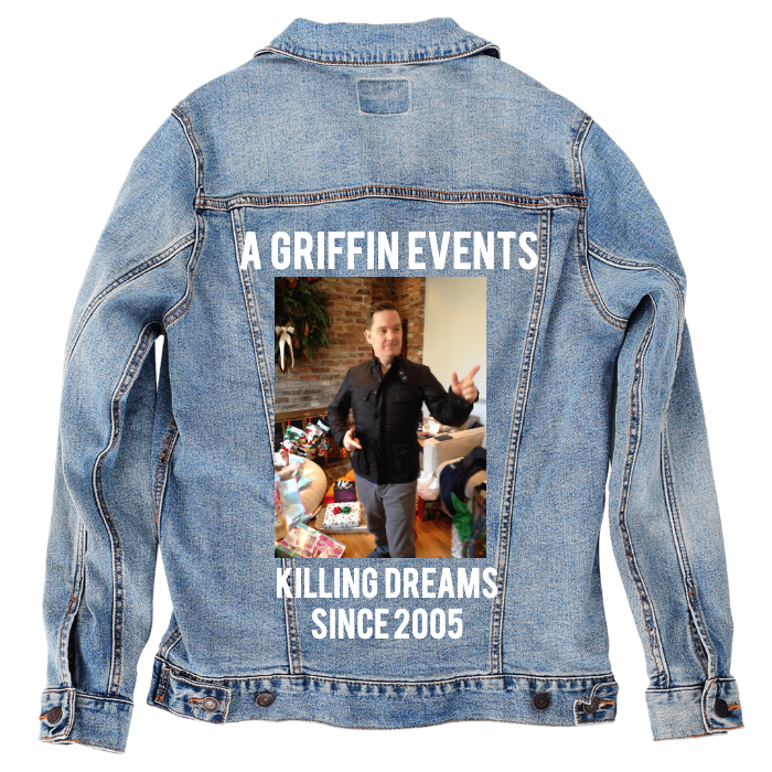 Customer Designed Custom Denim Jacket (hand-crafted) with 3 color choices of jacket: Stonewash, White, or Black. Unisex XS S M L XL 2X 3X. USA hand-crafted and USA digitally printed. Ships free within the USA & also ships Internationally.