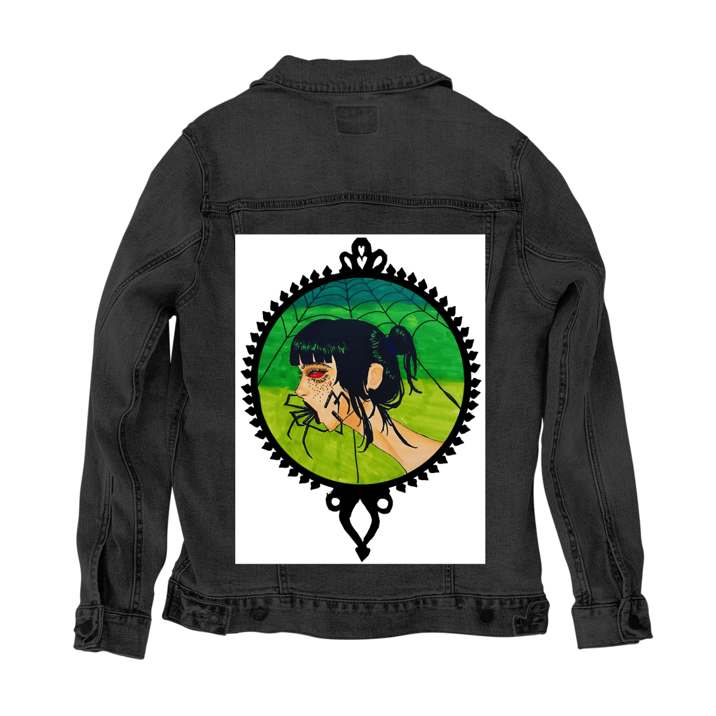 Customer Designed Custom Denim Jacket (hand-crafted) with 3 color choices of jacket: Stonewash, White, or Black. Unisex XS S M L XL 2X 3X. USA hand-crafted and USA digitally printed. Ships free within the USA & also ships Internationally.