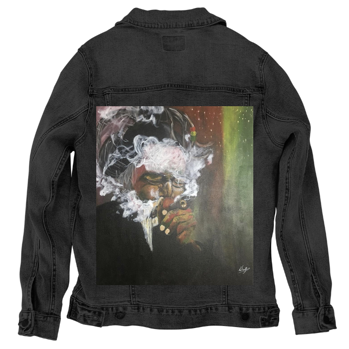 Customer Designed Custom Denim Jacket (hand-crafted) with 3 color choices of jacket: Stonewash, White, or Black. Unisex XS S M L XL 2X 3X. USA hand-crafted and USA digitally printed. Ships free within the USA & also ships Internationally.